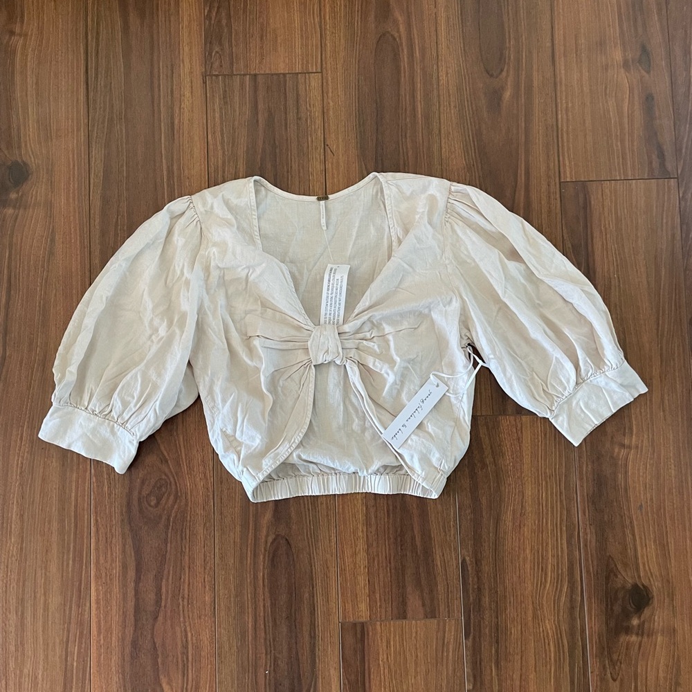 YFB Young Fabulous & Broke Miranda Linen Cropped Knot Top – Oatmeal – Size M